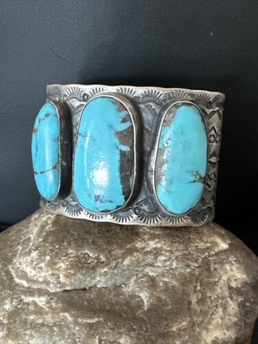 XL Men's Kingman Blue Turquoise 3 Stone Cuff Bracelet | Navajo Sterling Silver | 15857