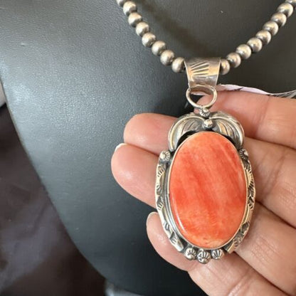 Navajo Orange Spiny Oyster Pendant Necklace | Sterling Silver | Authentic Native American Handmade | 15631