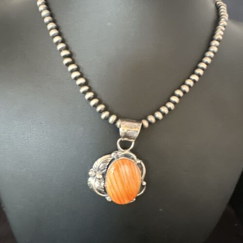 Navajo Orange Spiny Oyster Pendant Necklace | Sterling Silver | Authentic Native American Handmade | 15629