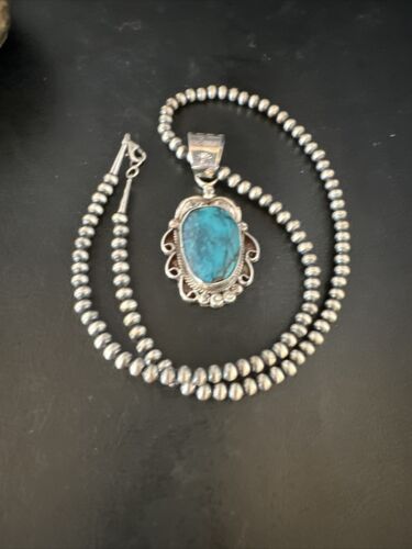 Navajo Pearls Blue Turquoise Necklace Pendant | Sterling Silver | Authentic Native American Handmade | 14882