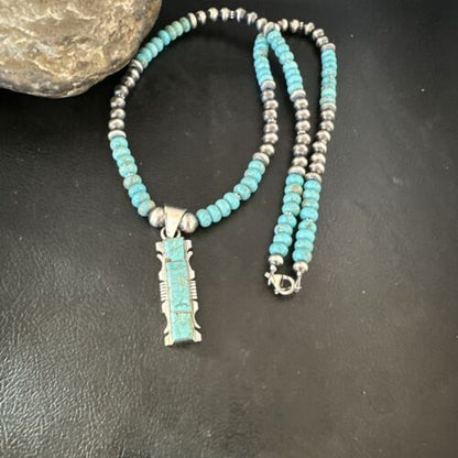Men's and Women's Turquoise #8 Inlay Pendant Necklace | Navajo Sterling Silver | Authentic Native American Handmade | 17075
