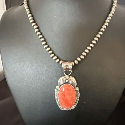 Navajo Red Spiny Oyster Pendant Necklace | Sterling Silver | Authentic Native American Handmade | 15632