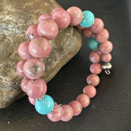 Navajo Pink Rhodochrosite Turquoise Bracelet | Stainless Steel Memory Wire | Authentic Native American Handmade | 17626 - Masha USA