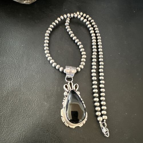Men's Navajo Pearls Black Onyx Necklace Pendant | Sterling Silver | Authentic Native American Handmade | 16530