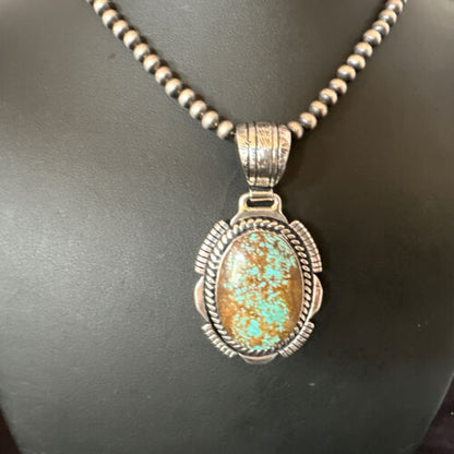 Navajo Blue Turquoise #8 Pendant | Sterling Silver Pearls Necklace | Authentic Native American Handmade | 16348