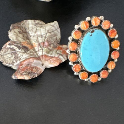 Navajo Turquoise & Spiny Oyster Cluster Ring | Authentic Native American Sterling Silver | Multi-Stone | Sz 12 | 16027