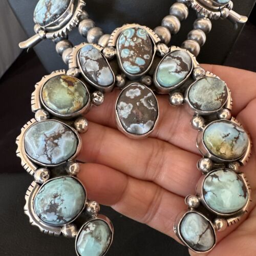 Navajo Blue Golden Hills Turquoise Squash Blossom Necklace & Earrings | Sterling Silver | 17210