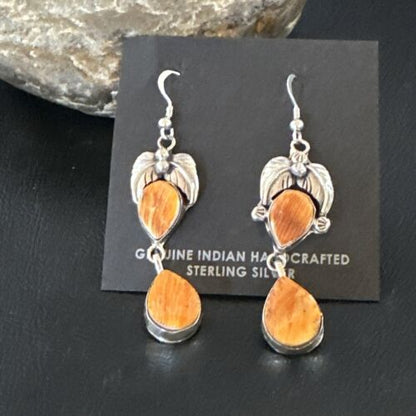 Navajo Orange Spiny Oyster Dangle Earrings | Sterling Silver | 1.5" | Authentic Native American Handmade | 16571