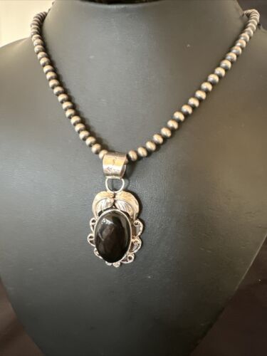 Navajo Pearls Black Onyx Necklace Pendant | Sterling Silver | Authentic Native American Handmade | 16524