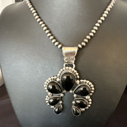 Navajo Men's Black Onyx Naja Pendant Necklace | Sterling Silver | 16103