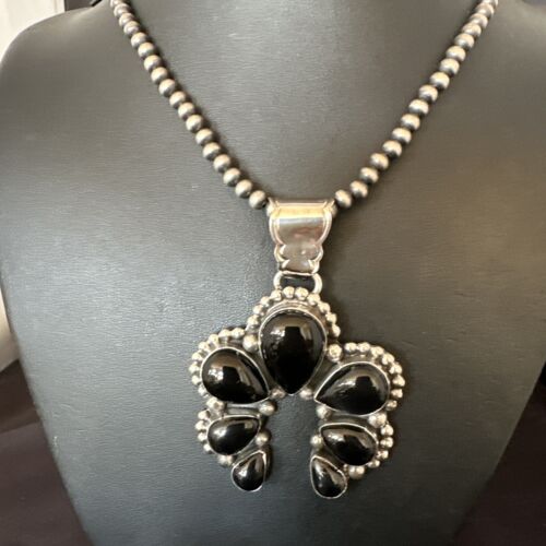 Navajo Men's Black Onyx Naja Pendant Necklace | Sterling Silver | 16103