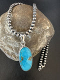 Navajo Blue Kingman Turquoise Pendant Necklace | Sterling Silver | 20" | Authentic Native American Handmade | 16686