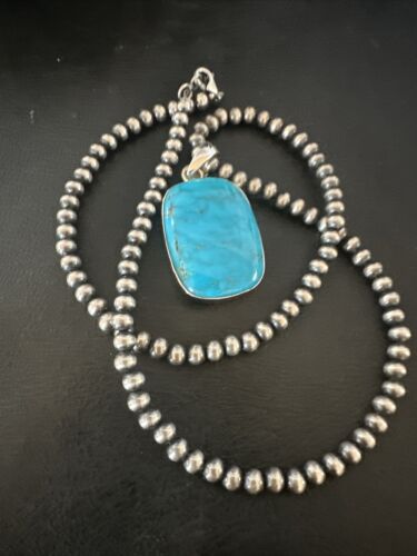 Navajo Blue Kingman Turquoise Pendant Necklace | Sterling Silver | 20" | Authentic Native American Handmade | 16695