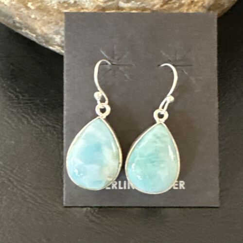 Navajo Blue Larimar Dangle Earrings | Sterling Silver | Authentic Native American Handmade | 17289