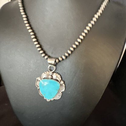 Navajo Kingman Turquoise Pendant Necklace | Sterling Silver Pearls | Authentic Native American Handmade | 15215