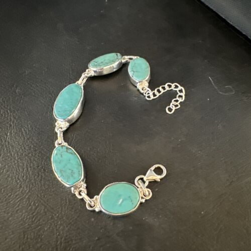 Navajo Blue Turquoise Link Bracelet | Sterling Silver | 8" | Authentic Native American Handmade | 15469