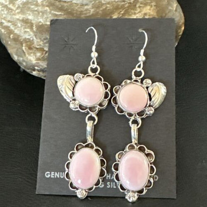 Navajo Pink Conch Shell Dangle Earrings | Sterling Silver | Authentic Native American Handmade | 17214