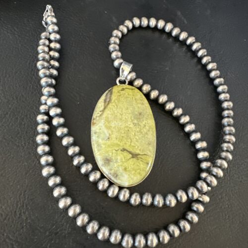 Navajo Green Gaspeite Pendant Necklace | Sterling Silver | Authentic Native American Handmade | 15482