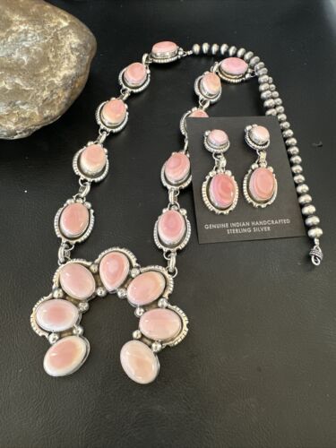 Navajo Pink Conch Squash Blossom Necklace with Naja Pendant | Authentic Native American Handmade | 15897