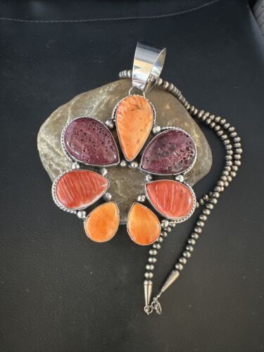 Navajo Purple Red Spiny Oyster Necklace with Naja Pendant | Sterling Silver | Native American Handmade | 14845