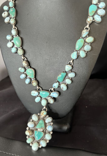 Navajo Blue Golden Hills Turquoise Lariat Necklace Pendant | 30" | Authentic Native American Handmade | 16188