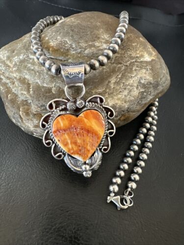 Navajo Orange Spiny Oyster Heart Pendant Necklace | Sterling Silver | Authentic Native American Handmade | 16418