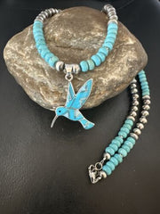 Navajo Turquoise Opal Hummingbird Inlay Pendant | Sterling Silver Necklace | Authentic Native American Handmade | 16844