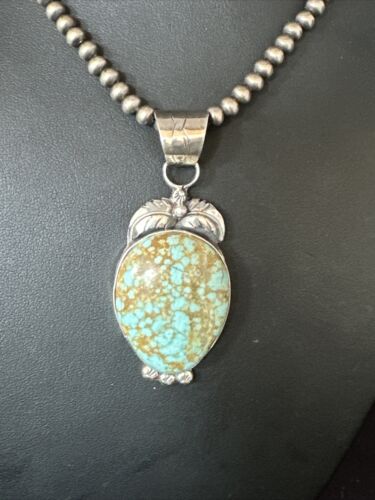 Navajo Pearls Sterling Silver Necklace Pendant | Blue Turquoise #8 | Authentic Native American Handmade | 14856