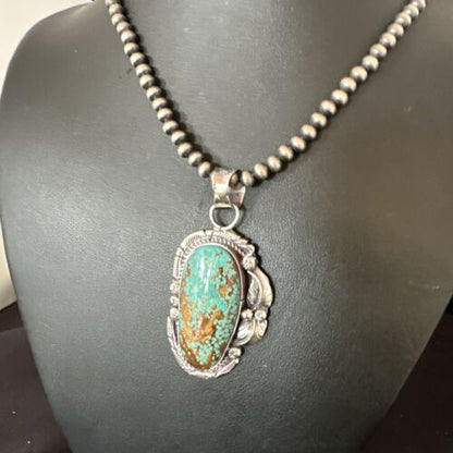 Navajo Blue Turquoise #8 Pendant | Sterling Silver Necklace with Pearls | Authentic Native American Handmade | 15903