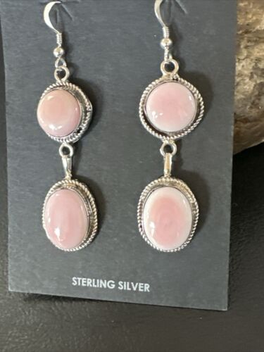 Navajo Pink Conch Shell Dangle Earrings | Sterling Silver | Authentic Native American Handmade | 17200