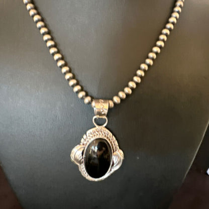 Navajo Pearls Black Onyx Necklace Pendant | Sterling Silver | Authentic Native American Handmade | 16533
