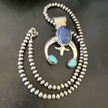 Blue Turquoise Lapis Lazuli Naja Pendant | Navajo Sterling Silver | Authentic Native American Handmade | 16412