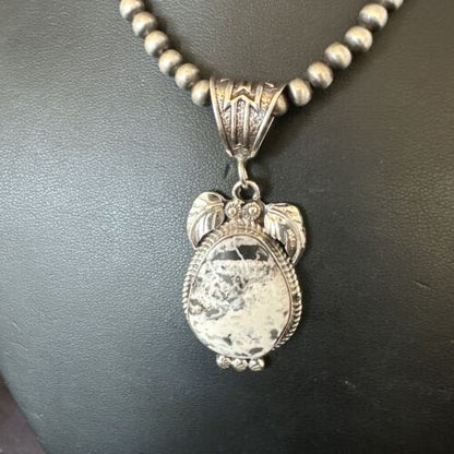 Navajo White Buffalo Turquoise Pendant Necklace | Sterling Silver | Authentic Native American Handmade | 17524