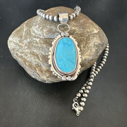 Navajo Pearls Kingman Turquoise Pendant Necklace | Sterling Silver | Authentic Native American Handmade | 17133