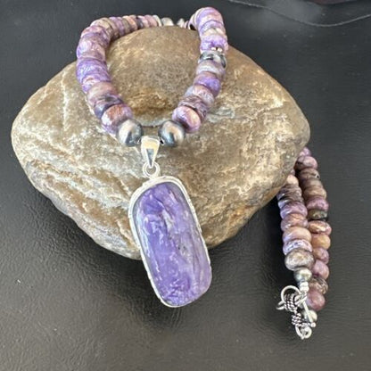 Navajo Purple Charoite Pendant with Pearls | Sterling Silver Necklace | Authentic Native American Handmade | 16338