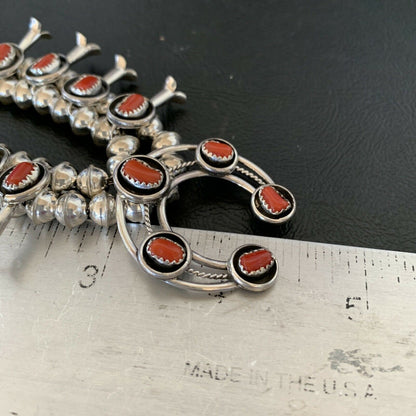 Navajo Coral Squash Blossom Necklace & Earrings | Sterling Silver Shadow Box | Authentic Native American Handmade | 10888