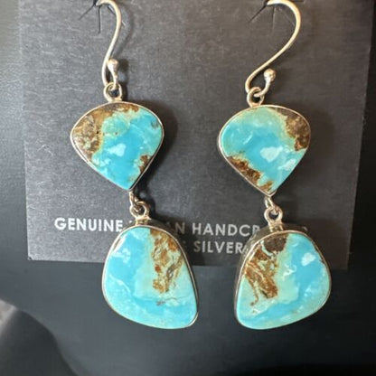 Navajo Blue Kingman Turquoise Dangle Earrings | Sterling Silver | Authentic Native American Handmade | 15113