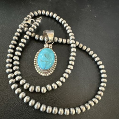 Navajo Pearls Kingman Turquoise Pendant Necklace | Sterling Silver | Authentic Native American Handmade | 17134