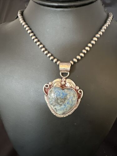 Navajo Blue Heart Denim Lapis Pendant Necklace | Sterling Silver Pearls | Authentic Native American Handmade | 15521