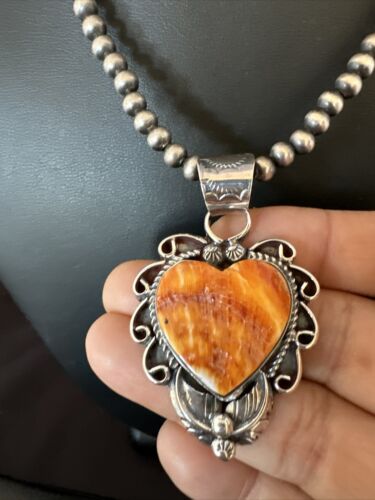 Navajo Orange Spiny Oyster Heart Pendant Necklace | Sterling Silver | Authentic Native American Handmade | 16418