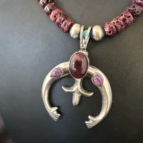 Navajo Purple Spiny Oyster Naja Pendant Necklace | Sterling Silver | 24" | Authentic Native American Handmade | 15537