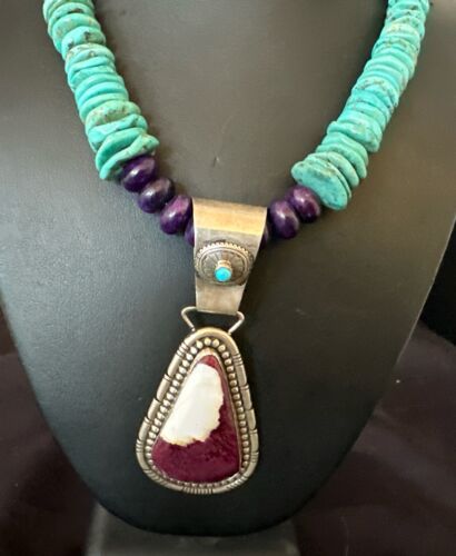 Navajo XL Turquoise Purple Spiny Oyster Pendant Necklace | Sterling Silver | Authentic Native American Handmade | 25" | 17464