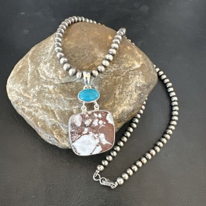 Men's Wild Horse Blue Kingman Turquoise Necklace | Sterling Silver SW Pendant | Multi-Stone | 17324