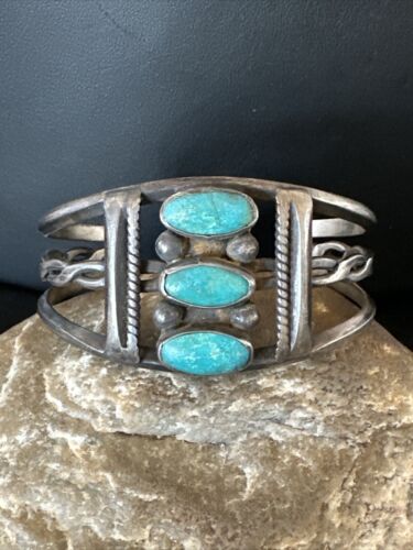 Women's Navajo Sterling Silver Cuff Bracelet | Blue Arizona Turquoise | 3 Stone | 16430