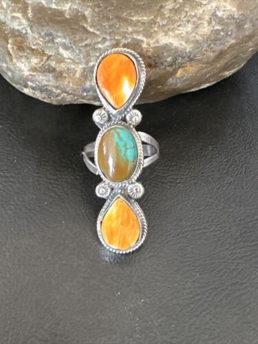 Navajo Green Turquoise Spiny Oyster Multi-Stone Ring | Authentic Native American Sterling Silver | Sz 11 | 16728