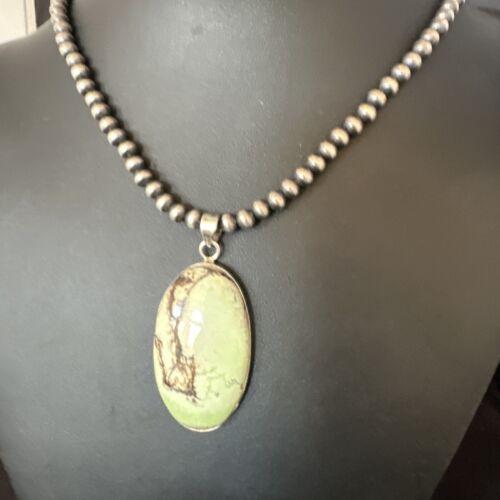 Navajo Green Gaspeite Pendant Necklace | Sterling Silver | Authentic Native American Handmade | 15483