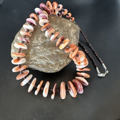 Navajo Red Spiny Oyster Shell Necklace | Sterling Silver | Authentic Native American | 30" | 16382