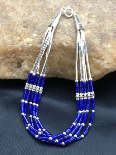 Navajo Lapis Heishi Bracelet | Sterling Liquid Silver | 5-Strand | 7" | Authentic Native American Handmade | 2934