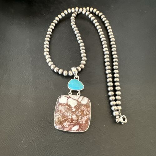 Men's Wild Horse & Blue Kingman Turquoise Necklace | Sterling Silver SW Pendant | 17320