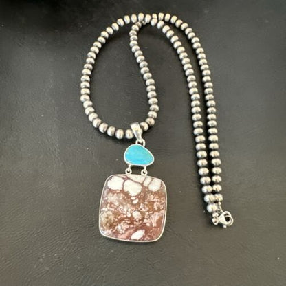 Men's Wild Horse & Blue Kingman Turquoise Necklace | Sterling Silver SW Pendant | 17320